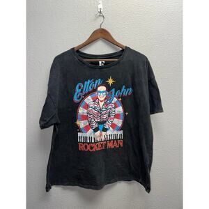 Womens Elton John Rocket Man Shirt Graphic Album Music Black Tee Top 2XL